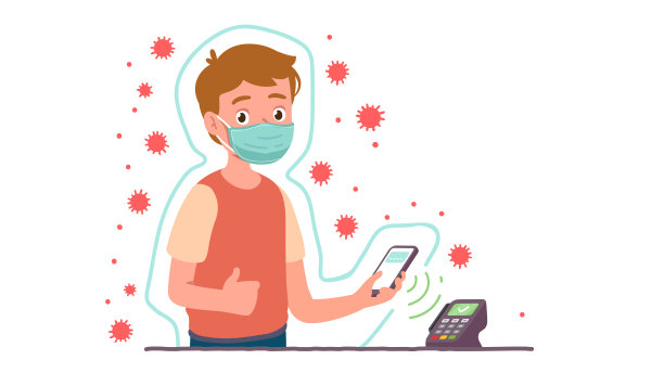 戴着防护面罩的人，以保护自己免受冠状病毒的侵袭。在POS机上使用NFC手机进行无线支付的人。在冠状病毒疫情期间的安全平面媒介插图图片下载