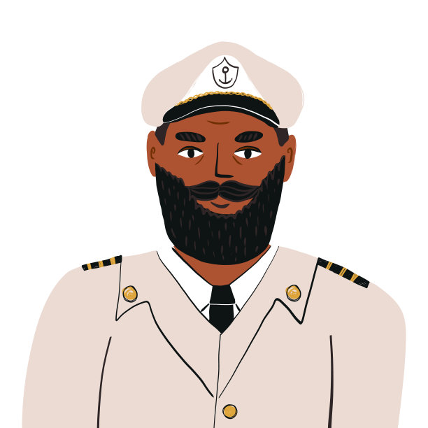 一位友善的黑人船长身穿带有肩章的专业海军制服，戴着带有锚标志的帽子，象征着海洋征服者。手绘矢量孤立插图图片下载