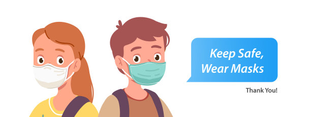 “注意安全，戴口罩”的文字标志。男女佩戴防护口罩者。冠状病毒大流行感染预防与安全。冠状病毒疫情警告海报平面矢量插图图片下载