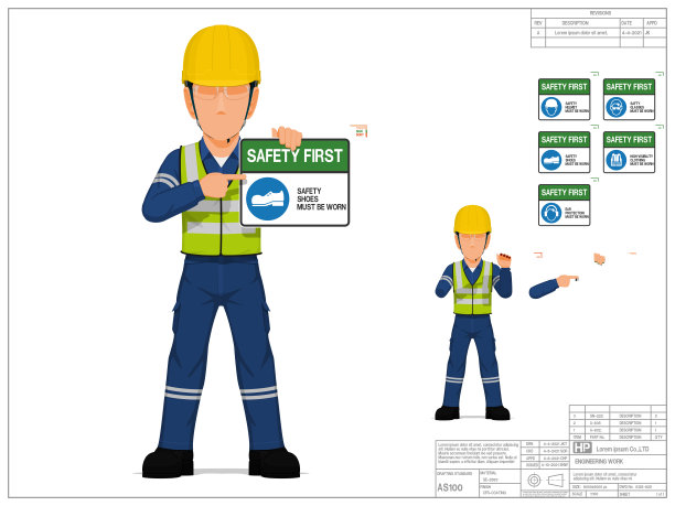 一组产业工人正在白色背景上出示安全标志图片下载