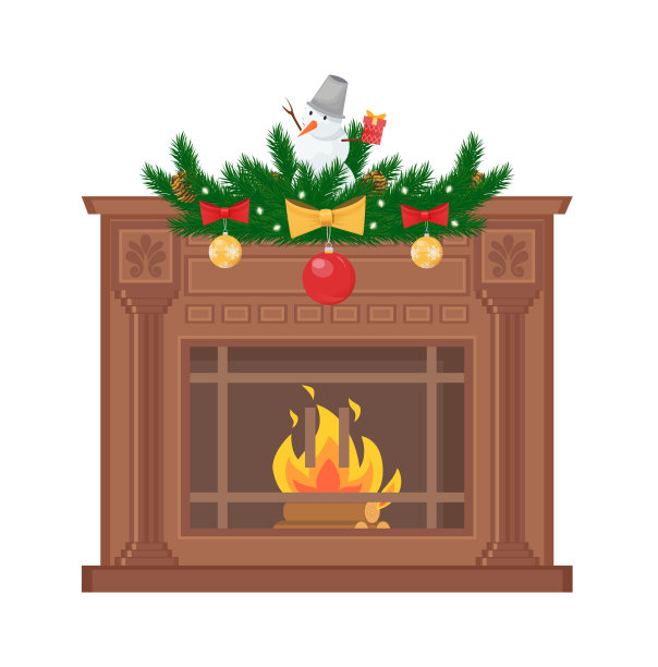 用雪人和树枝装饰的壁炉图片下载