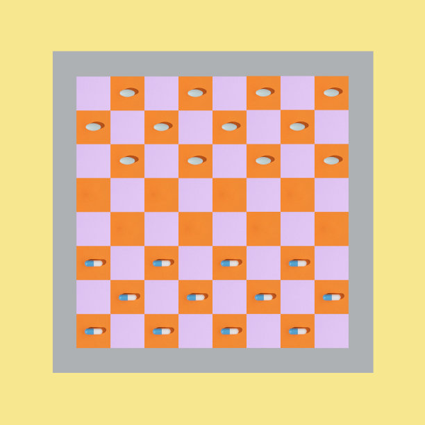 在一个棋盘上，橘黄色和粉红色的田野放在黄色的背景上。图片下载