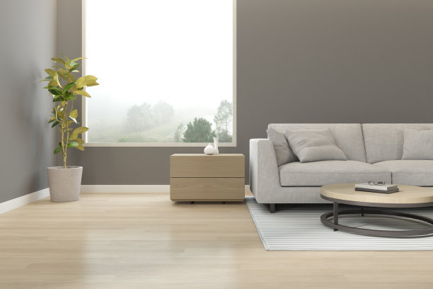 现代客厅的3d渲染，大窗户和沙发在自然背景。图片下载