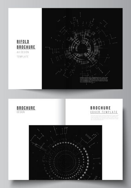 矢量布局的两个A4封面模型设计模板双折宣传册，传单，封面设计，书籍设计。黑色技术背景。科学、医学、技术概念的数字可视化图片下载