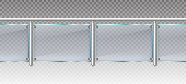 现实的玻璃围墙。玻璃栏杆与金属栏杆，阳台或露台有机玻璃围栏三维矢量插图。玻璃阳台栏杆图片下载