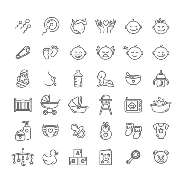 新生儿婴儿细线风格矢量图标集，收藏艺术图片下载
