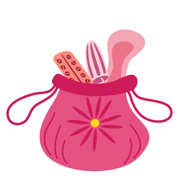 装月经卫生用品的化妆包。女性卫生，医药，经期说明。女人包卫生巾，卫生棉条，药片。妇科月经周期。向量图片下载