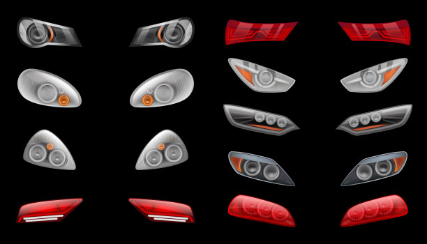 汽车头灯。反射辉光效果现代车辆夜间灯光在道路上体面的矢量现实模板隔离图片下载
