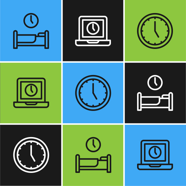 设置行时间睡觉，时钟和笔记本电脑时间图标。向量图片下载