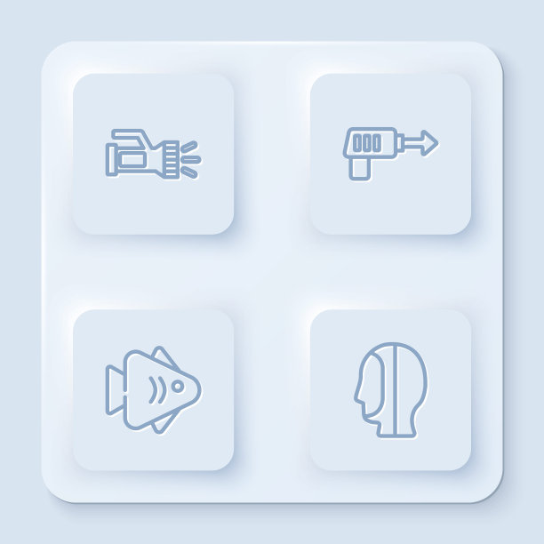 设置手电筒，鱼叉，和潜水帽。白色正方形按钮。向量图片下载