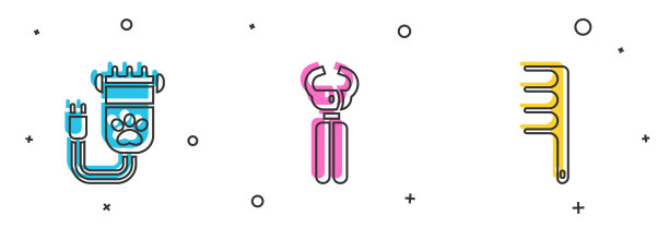 设置头发剪宠物，宠物指甲钳和刷子狗和猫的图标。向量图片下载