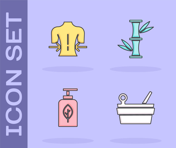 设有桑拿桶和蒸包，按摩，精油瓶和竹制图标。向量图片下载