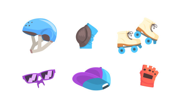 轮滑属性与头盔和护膝向量集图片下载