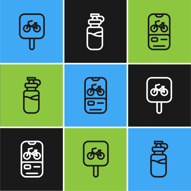 设置线自行车停车，租赁手机应用程序和运动瓶与水的图标。向量图片下载
