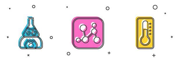使试管烧瓶着火，化学配方和医疗温度计图标。向量图片下载