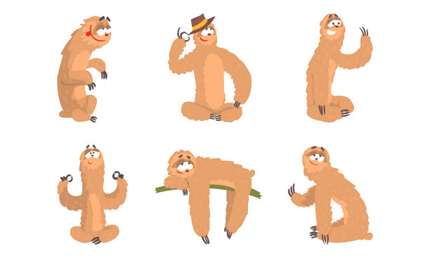 漫画树懒躺在树上和坐在瑜伽姿势向量集图片下载