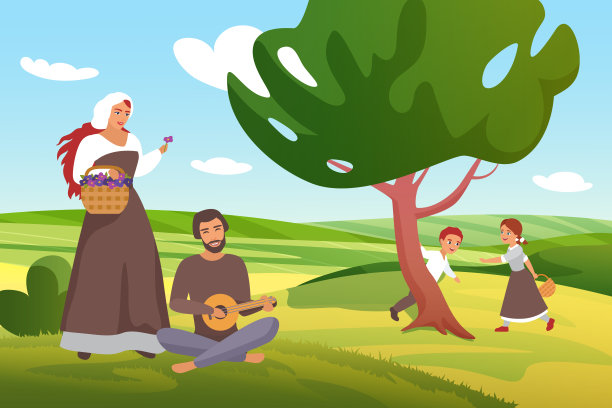 中世纪的农民农民的家庭在绿色的农场村庄的田野里玩耍图片下载