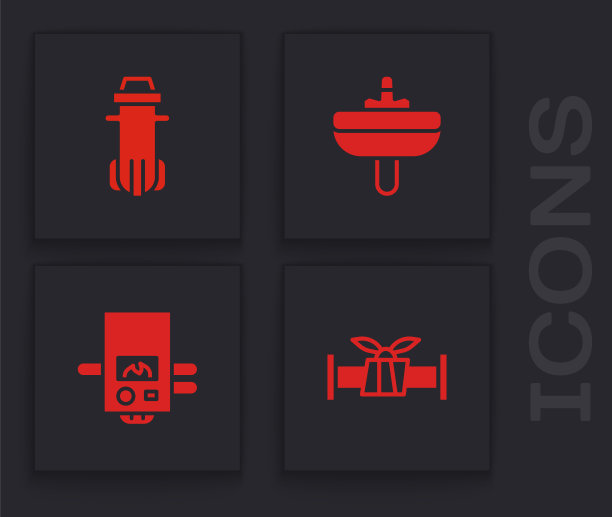 设置工业金属管、滤水器、洗脸盆、燃气锅炉图标。向量图片下载