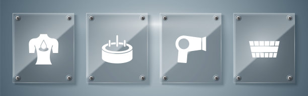 设有桑拿桶、电吹风、带梯子的游泳池和按摩香精油。方形玻璃面板。向量图片下载