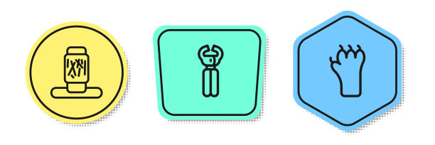 设置线猫抓柱，宠物指甲钳和爪印。颜色的形状。向量图片下载