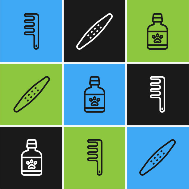 设置线毛刷狗和猫，狗药瓶和指甲文件宠物图标。向量图片下载