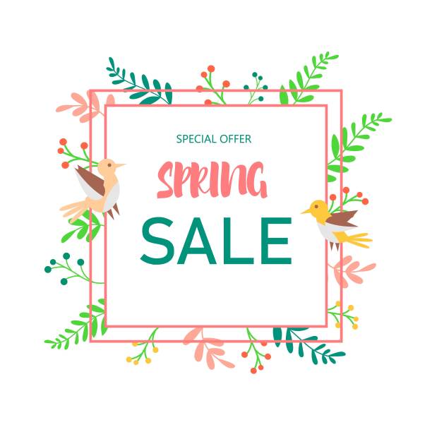春季促销海报设计。海报设计与盛开的树叶和鸟。可爱的插图。图片下载