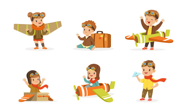 愉快的孩子玩飞行员与飞机和翅膀飞行矢量集图片下载