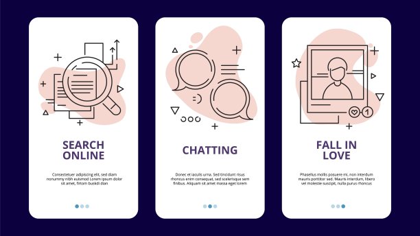在线约会app模板。线性社交媒体概念，搜索聊天和找到你的爱向量横幅图片下载