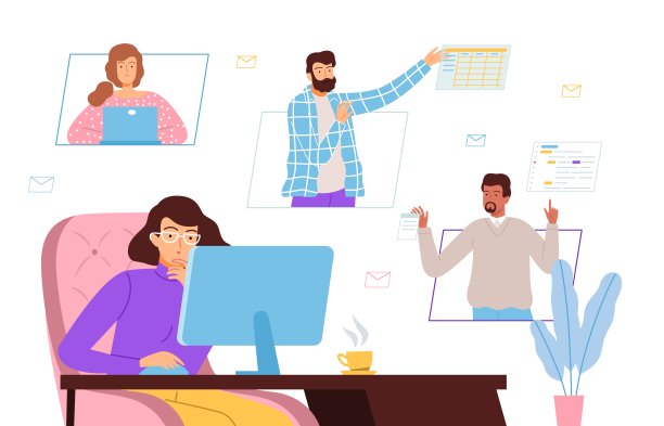 远程团队合作。合作、视频通话、会议。人们一起工作从家矢量概念图片下载