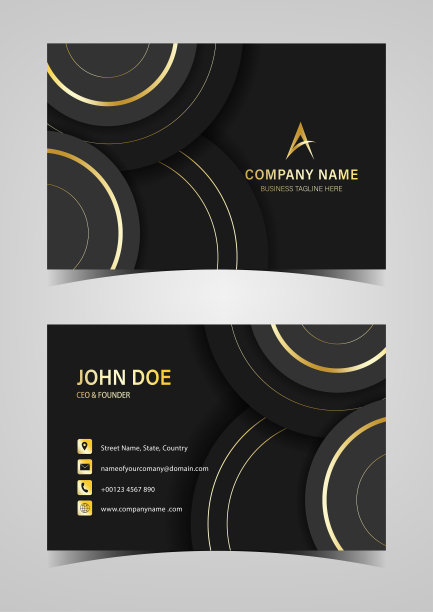 抽象的重叠圆形风格名片模板设计用黑色和金色的颜色。图片下载