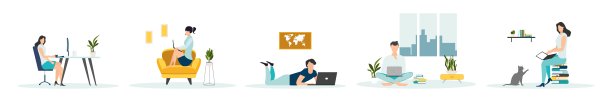 在家工作。共同办公空间。概念说明。年轻人，男女自由职业者在笔记本电脑和家里的电脑上工作。在家隔离的人矢量平面风格插图。图片下载