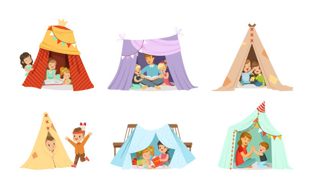 可爱的小朋友和父母在手工帐篷或小屋里玩耍和阅读矢量图图片下载