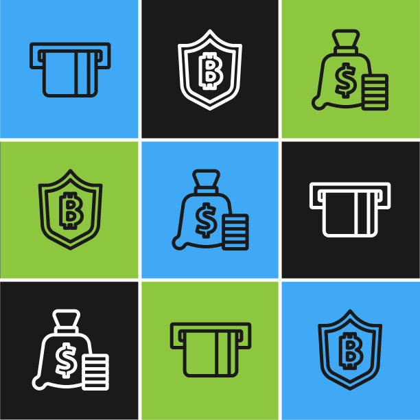 设置线插入信用卡，钱袋和盾牌与比特币图标。向量图片下载