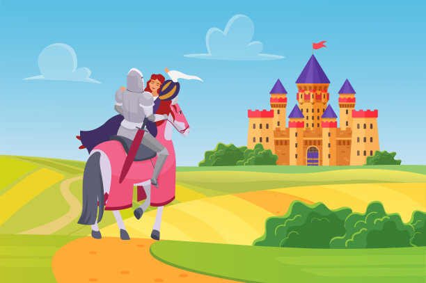 王子骑士救公主，童话故事里的英雄是身披铠甲的勇士和快乐的小女孩图片下载