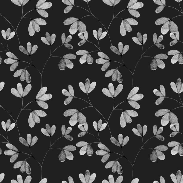 水彩无缝图案与黑色和白色叶小枝，小叶在黑色的背景。图片下载