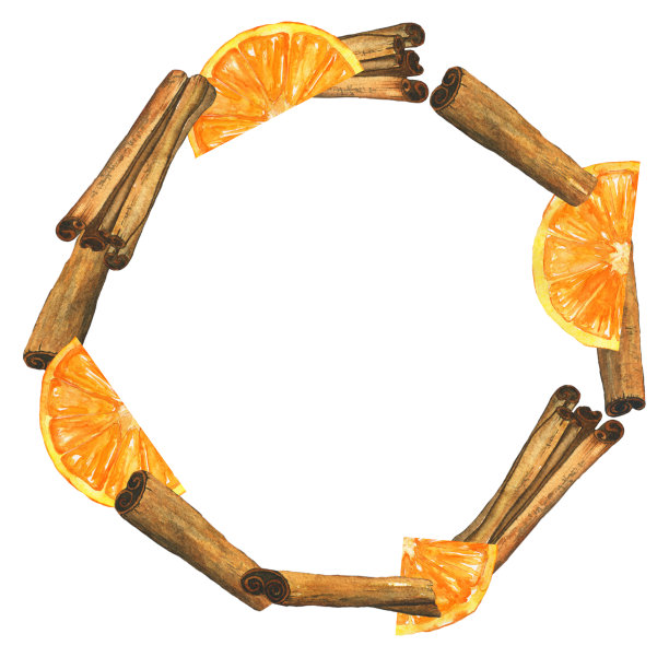橙色水果和肉桂棒孤立在白色的背景。水彩手绘插图。副本的空间。完美的食物海报，卡片，打印，菜单。图片下载