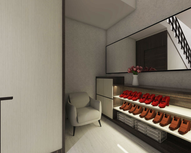 木制橱窗鞋展示舒适的沙发垫和墙壁镜子镶板图片下载