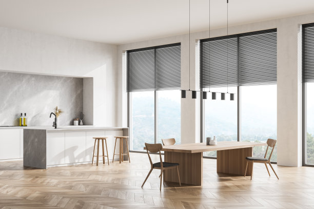 现代现代设计厨房室内。餐桌和椅子。全景窗户。白色和木质材料。图片下载