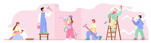 团队油漆工正在做房子更新的卡通图片下载