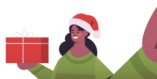 快乐的女人戴着圣诞帽，拿着相机拿着礼物图片下载