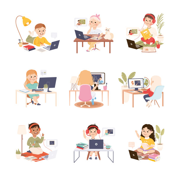 孩子们坐在书桌前，在网上学习图片下载