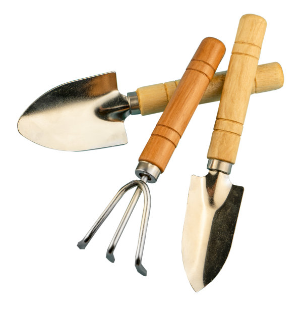 园艺工具设置孤立的白色背景。园艺用的两把铁锹和一个耙子。用于室内植物和花卉的人字纹。有木柄的工具。小铲子。园丁的工具图片下载