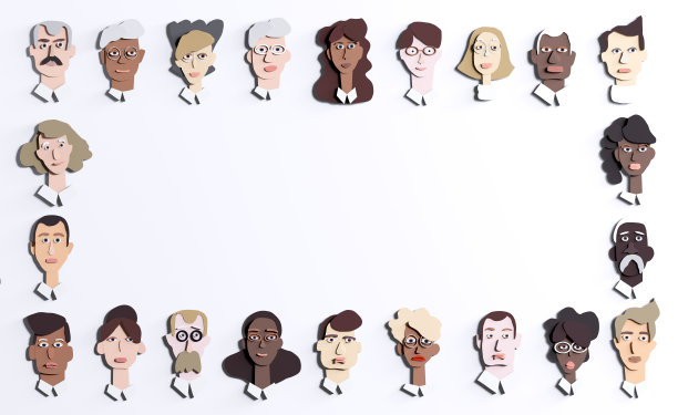 很多人的脸是由纸和文字空间组成的。剪纸设计3D渲染图片下载