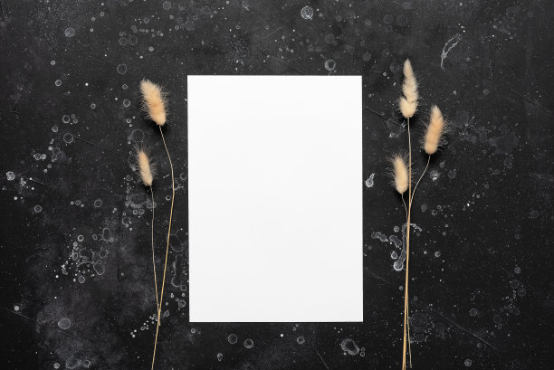 婚礼卡片模型与毛茸茸的拉格鲁斯草黑色垃圾背景。秋天文具的场景。俯视图，平躺。图片下载
