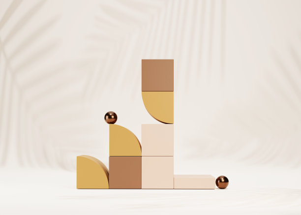 3D背景，粉彩米色和棕色展示展示几何形状集，棕榈叶。基座基座，夏季模型。美容，化妆品产品展示。抽象，最小的自然3D渲染图片下载