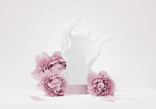3D粉色基座基座与液体白色飞溅漩涡在工作室白色背景。流体流动展示展示，用于美容产品、化妆品的推广。牡丹花抽象三维渲染模型图片下载