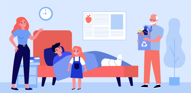 卡通亲戚拜访断了腿的年轻人图片下载