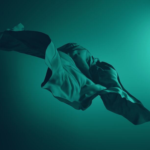 3 d渲染。抽象的时尚背景与丝绸布料飘落。深绿色的窗帘被风吹走的戏剧性场景图片下载