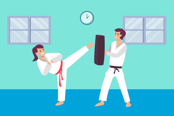 年轻女子与她的教练训练空手道图片下载