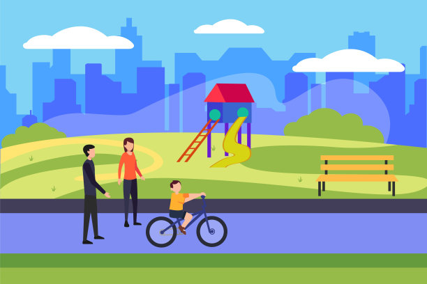 家庭自行车和步行在公园矢量图片下载